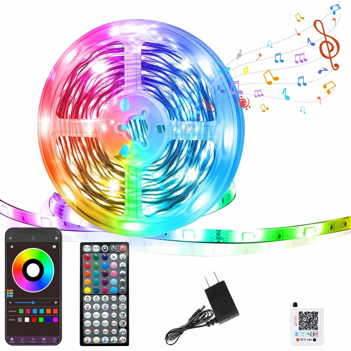 Tira de luces LED USB RGB inteligente GANZQH de 15,7 pies con tema musical multicolor