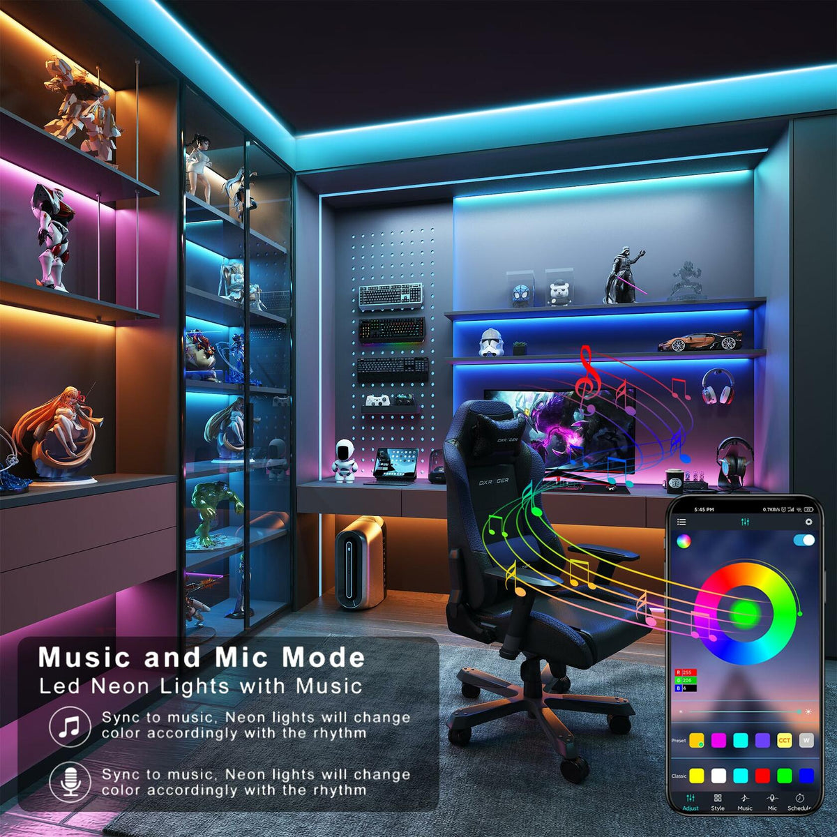 Tira de luces LED USB RGB inteligente GANZQH de 15,7 pies con tema musical multicolor
