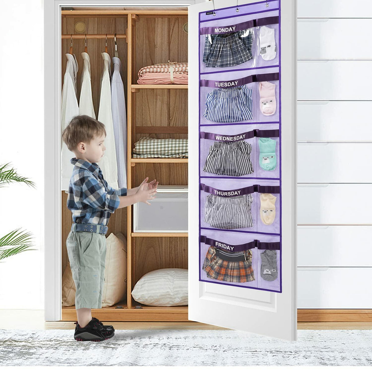 Organizador colgante para armario ANZORG para ropa semanal de niños, morado