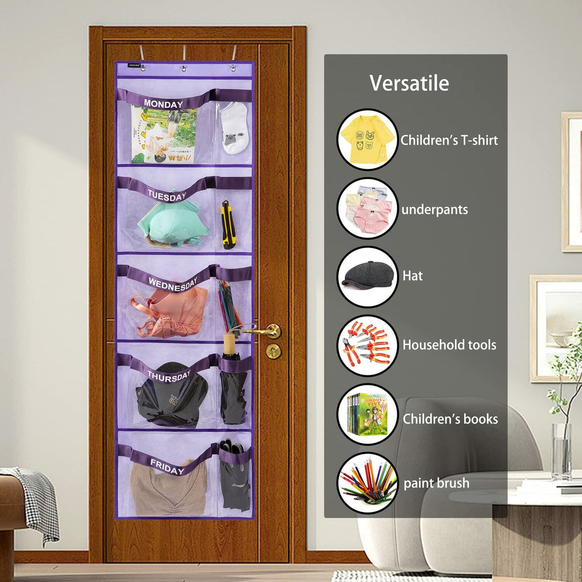 Organizador colgante para armario ANZORG para ropa semanal de niños, morado