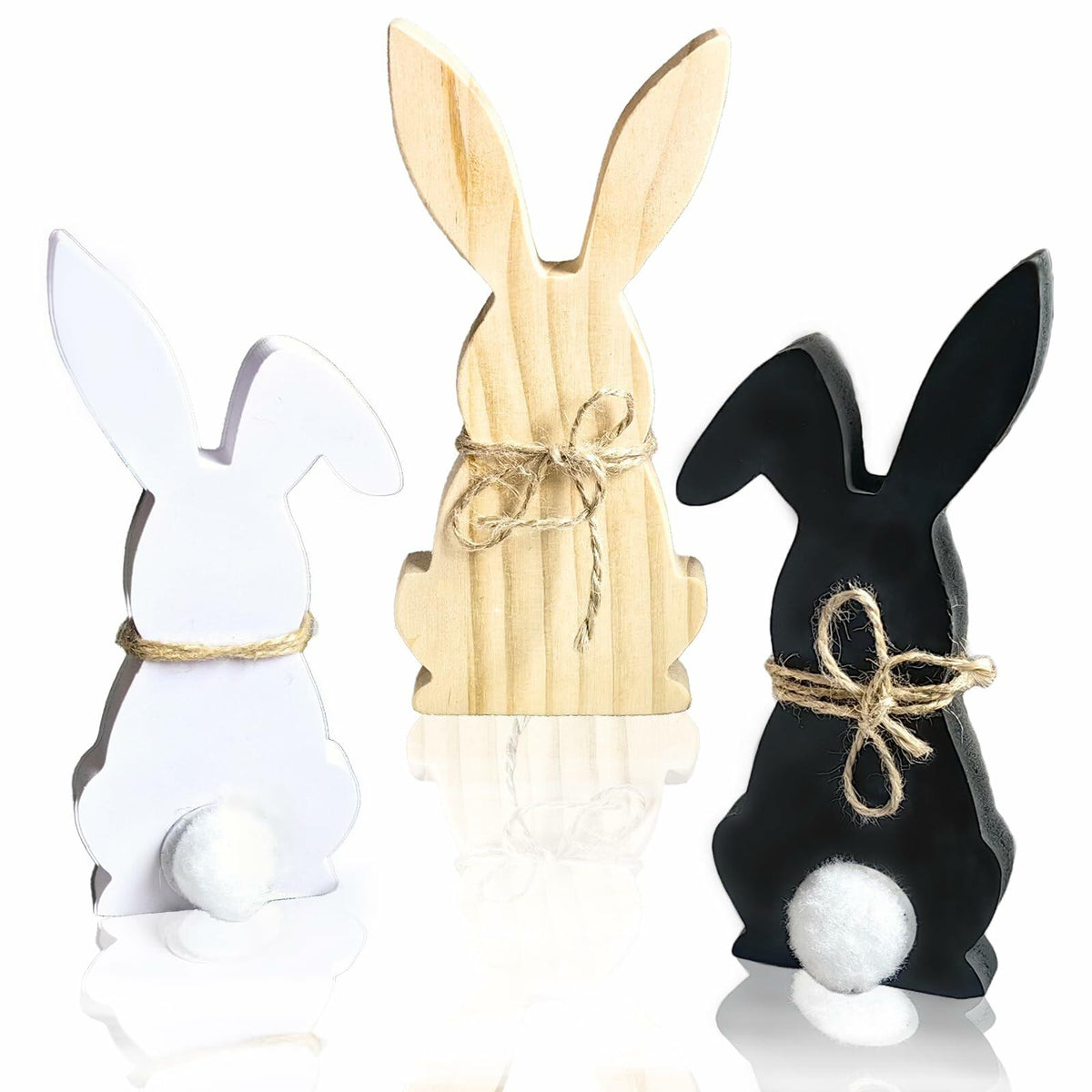 Hryxic 3 piezas de decoraciones de madera de conejo de Pascua, centro de mesa, blanco y negro