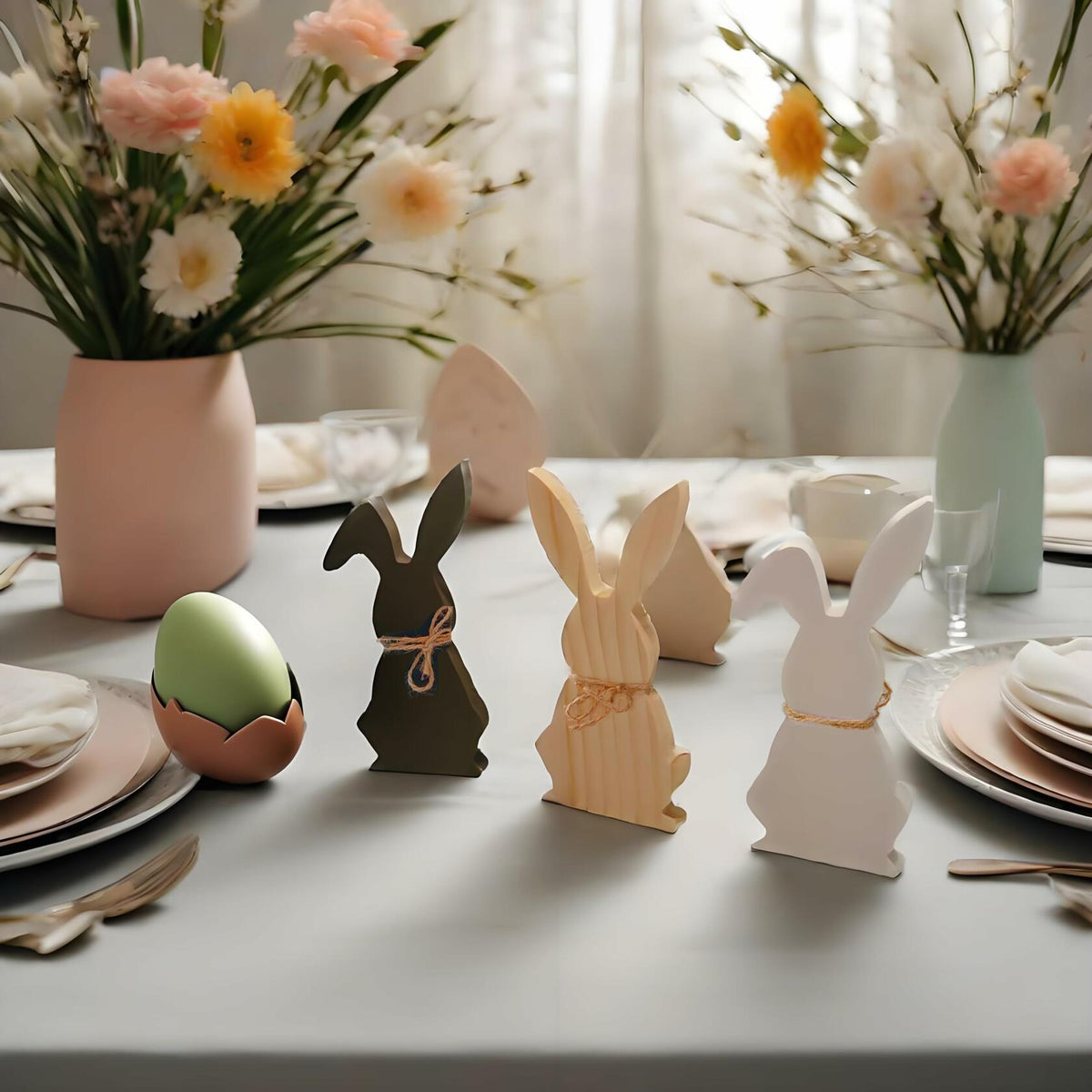 Hryxic 3 piezas de decoraciones de madera de conejo de Pascua, centro de mesa, blanco y negro