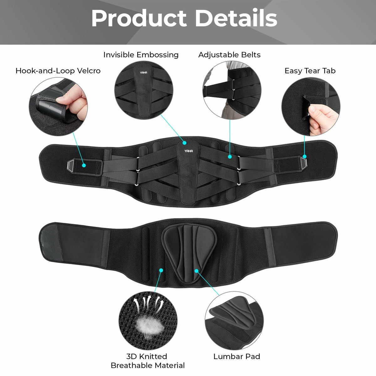 Faja lumbar YAHA con almohadilla lumbar, 5 soportes, color negro, talla XXL
