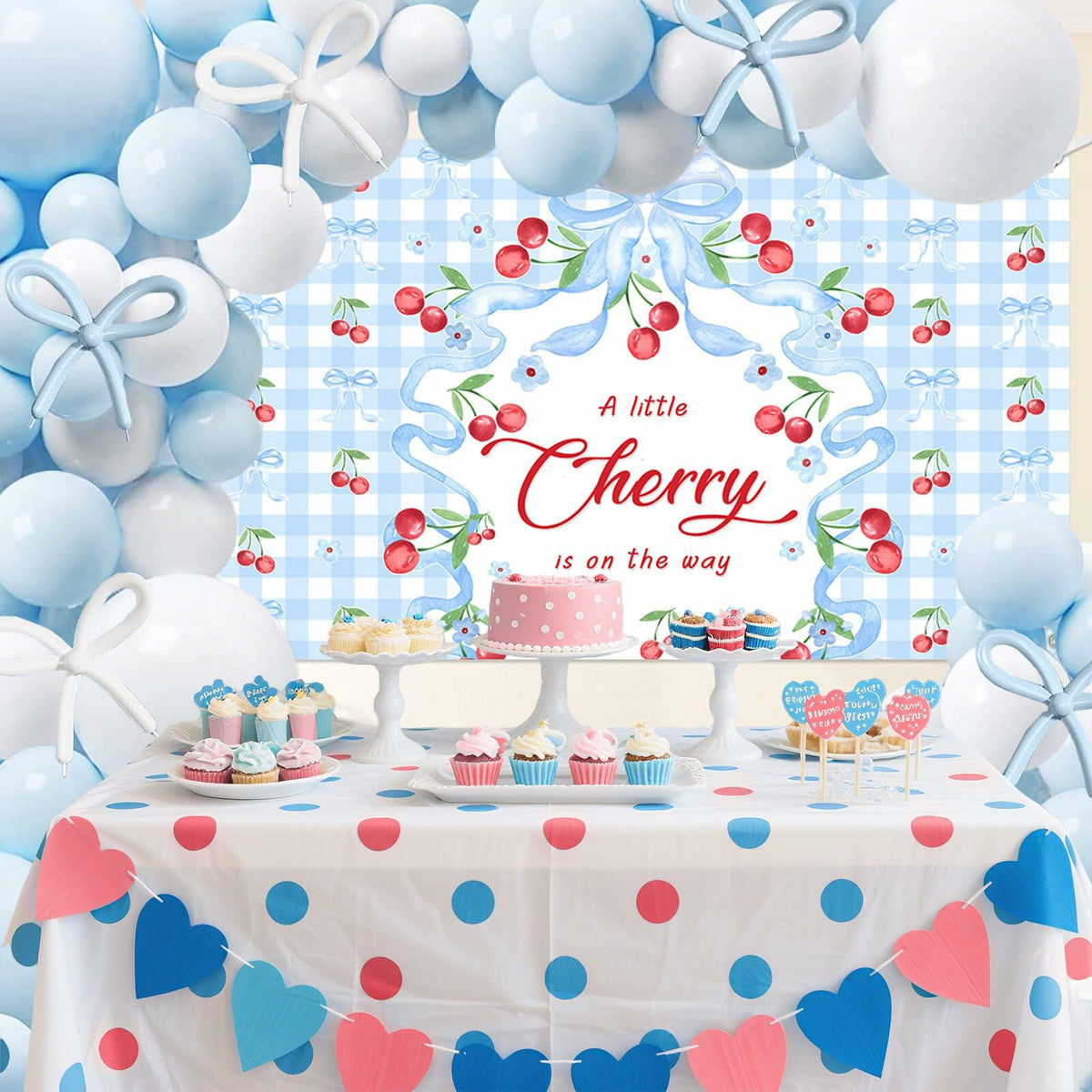 Set de decoración para baby shower MEHOFOND con fondo de banner, lazos y globos de color azul cereza