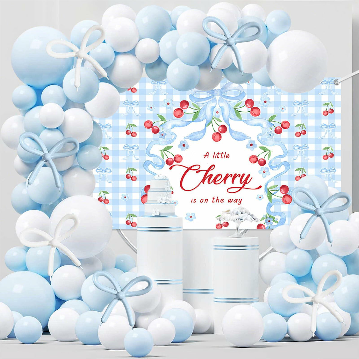 Set de decoración para baby shower MEHOFOND con fondo de banner, lazos y globos de color azul cereza