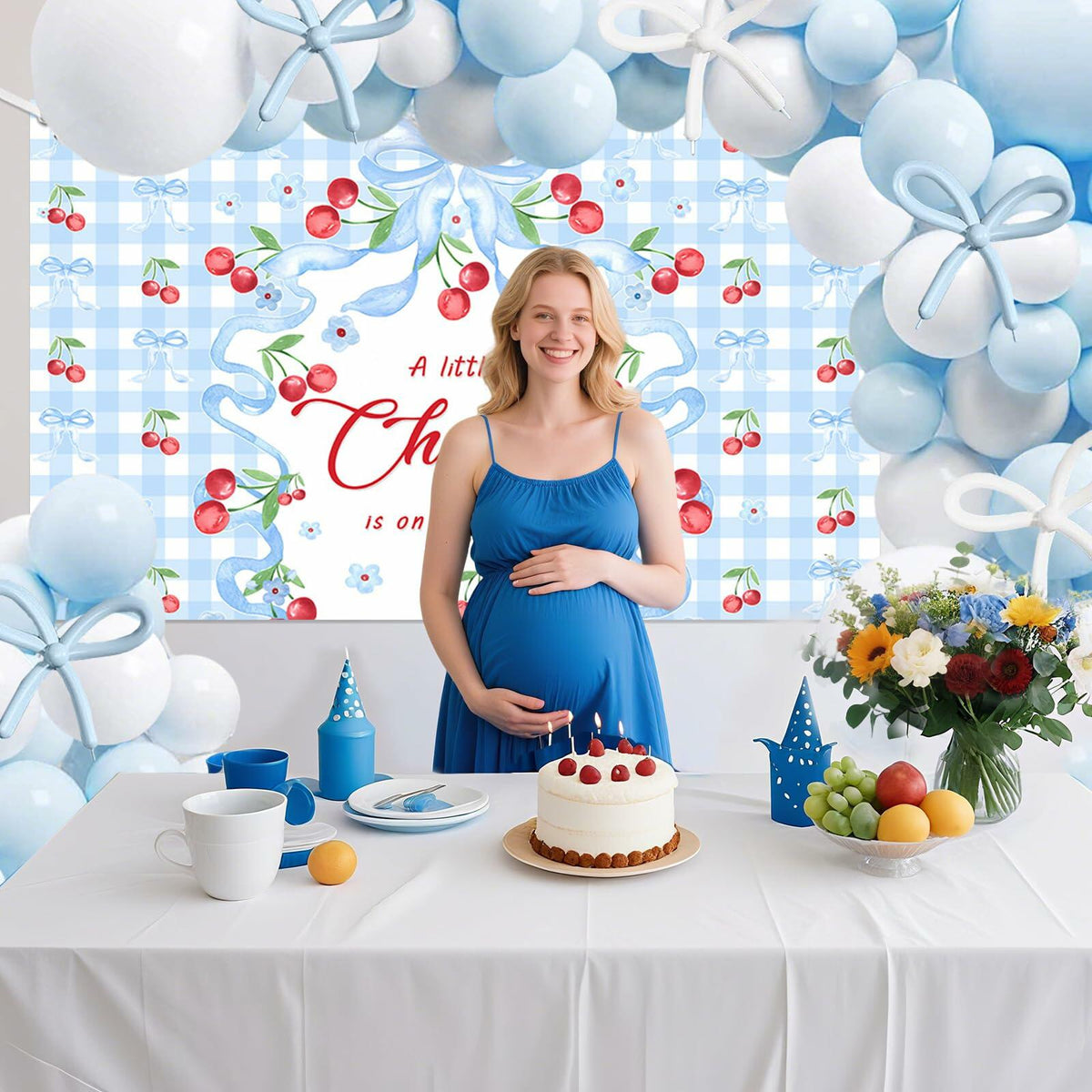 Set de decoración para baby shower MEHOFOND con fondo de banner, lazos y globos de color azul cereza