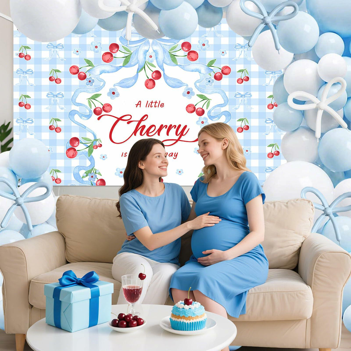 Set de decoración para baby shower MEHOFOND con fondo de banner, lazos y globos de color azul cereza