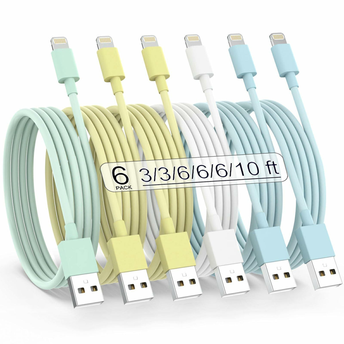 SISXSO Paquete de 6 cables Lightning Apple MFi, carga rápida, multicolor, 0.9/0.9/1.8/1.8/1.8/3 metros