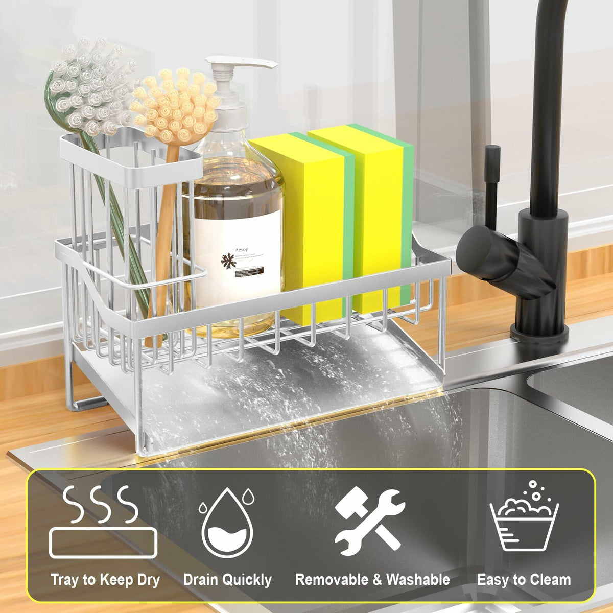 Organizador de cocina Vanwood para esponja y cepillo, de acero inoxidable, plateado