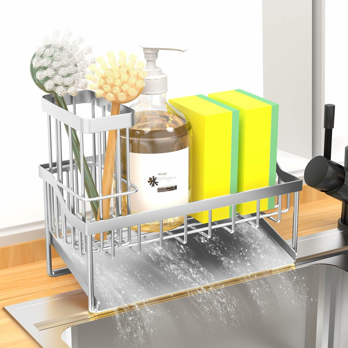 Organizador de cocina Vanwood para esponja y cepillo, de acero inoxidable, plateado