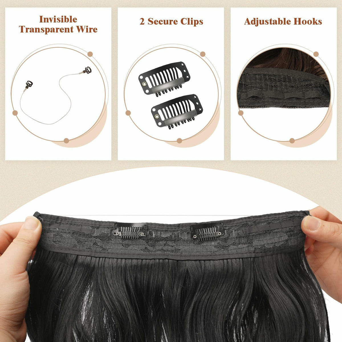 Extensiones de cabello sintético ondulado con hilo invisible FESHFEN, 20" de largo, negro
