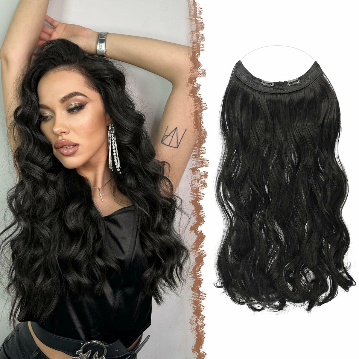 Extensiones de cabello sintético ondulado con hilo invisible FESHFEN, 20" de largo, negro