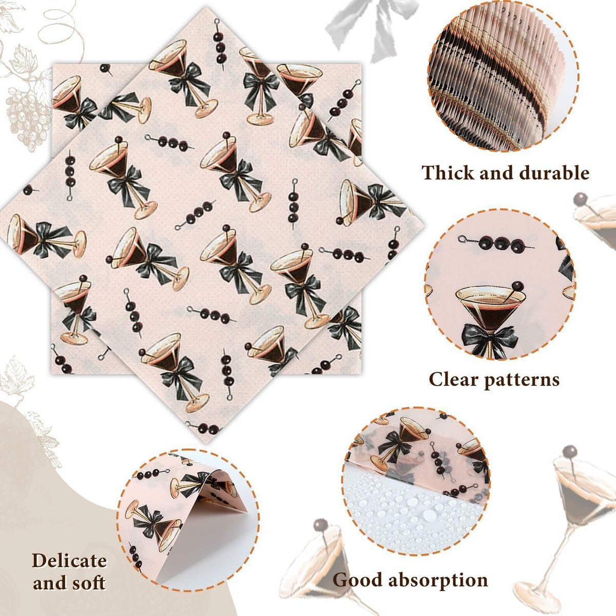 Servilletas para Espresso Martini CHUNNIN, 50 unidades, papel desechable color marrón y rosa para fiestas