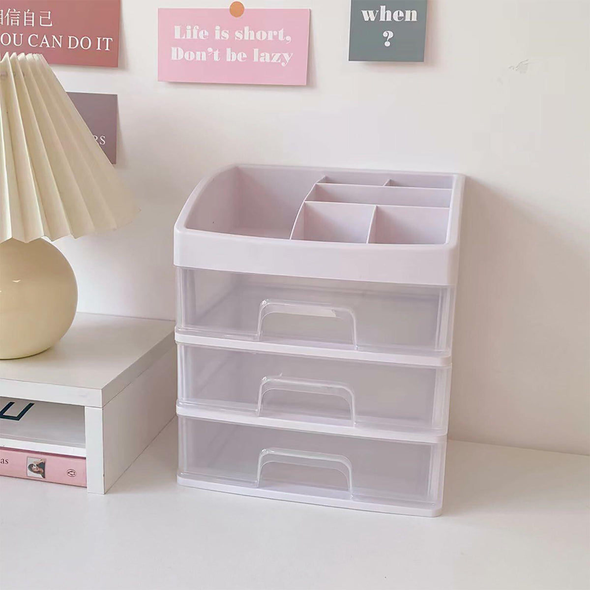[Como nuevo] Organizador de escritorio transparente JDEFARF con 3 cajones, caja de maquillaje transparente