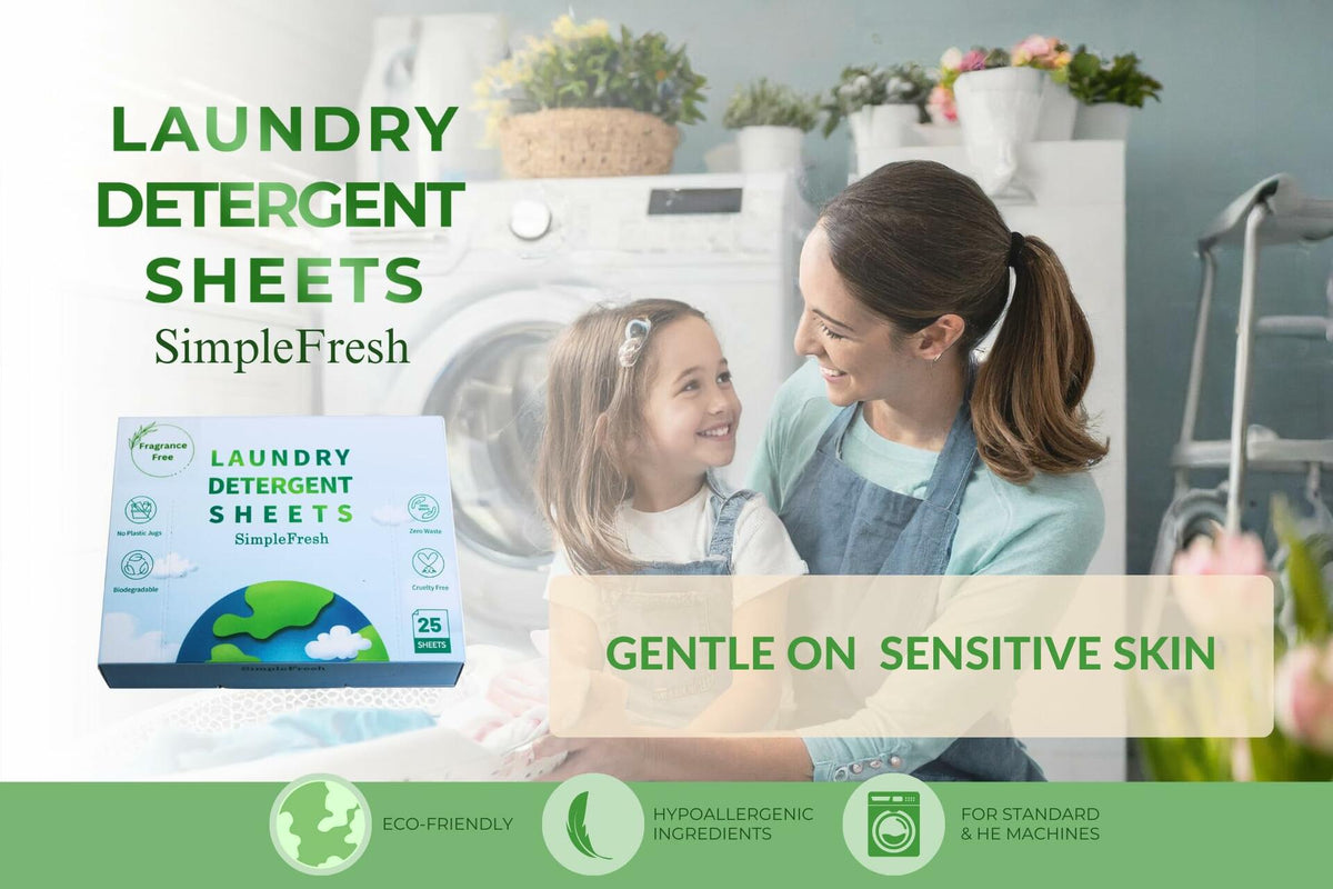 Hojas de detergente para ropa Simple Fresh, sin fragancia, 50 lavados, paquete de 25