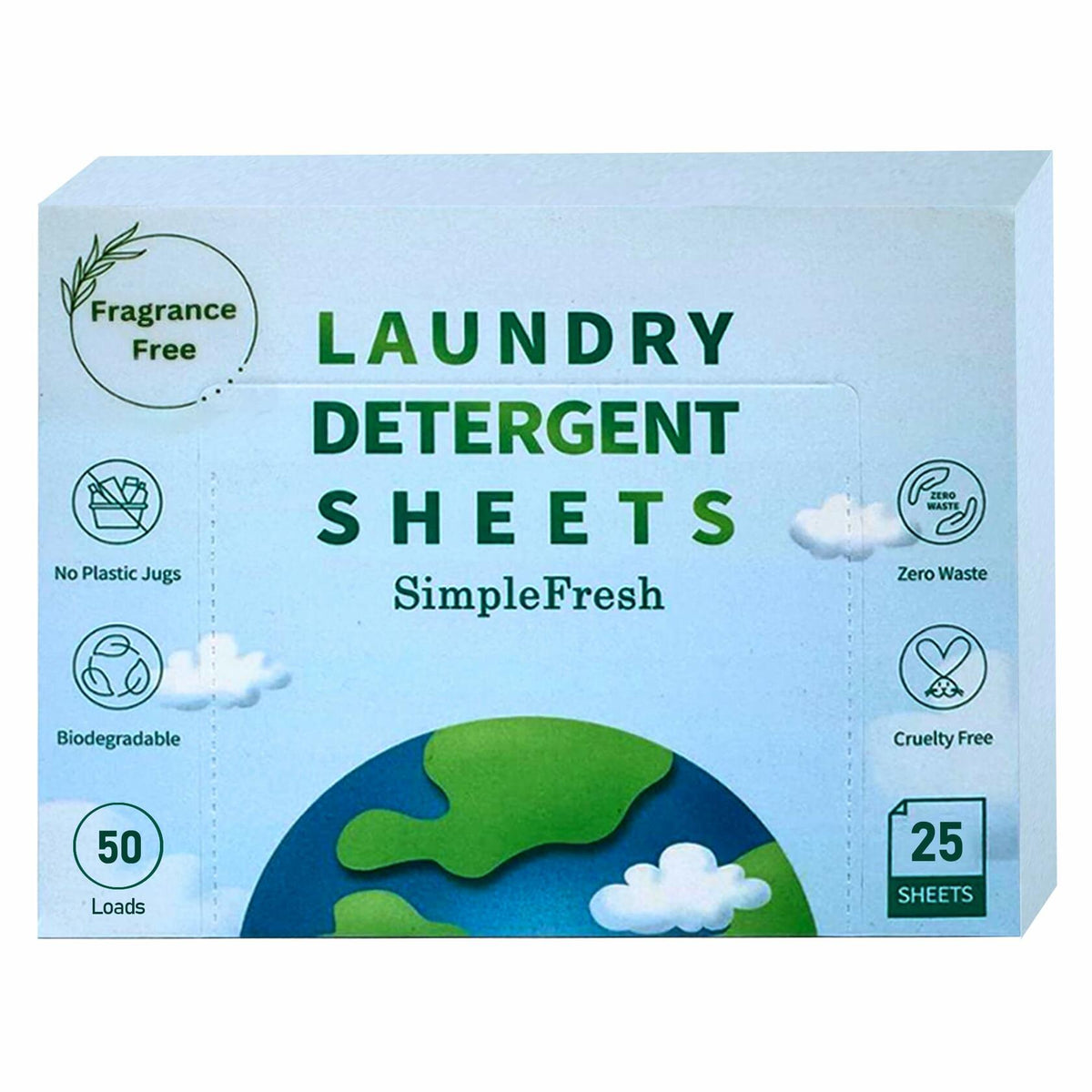 Hojas de detergente para ropa Simple Fresh, sin fragancia, 50 lavados, paquete de 25
