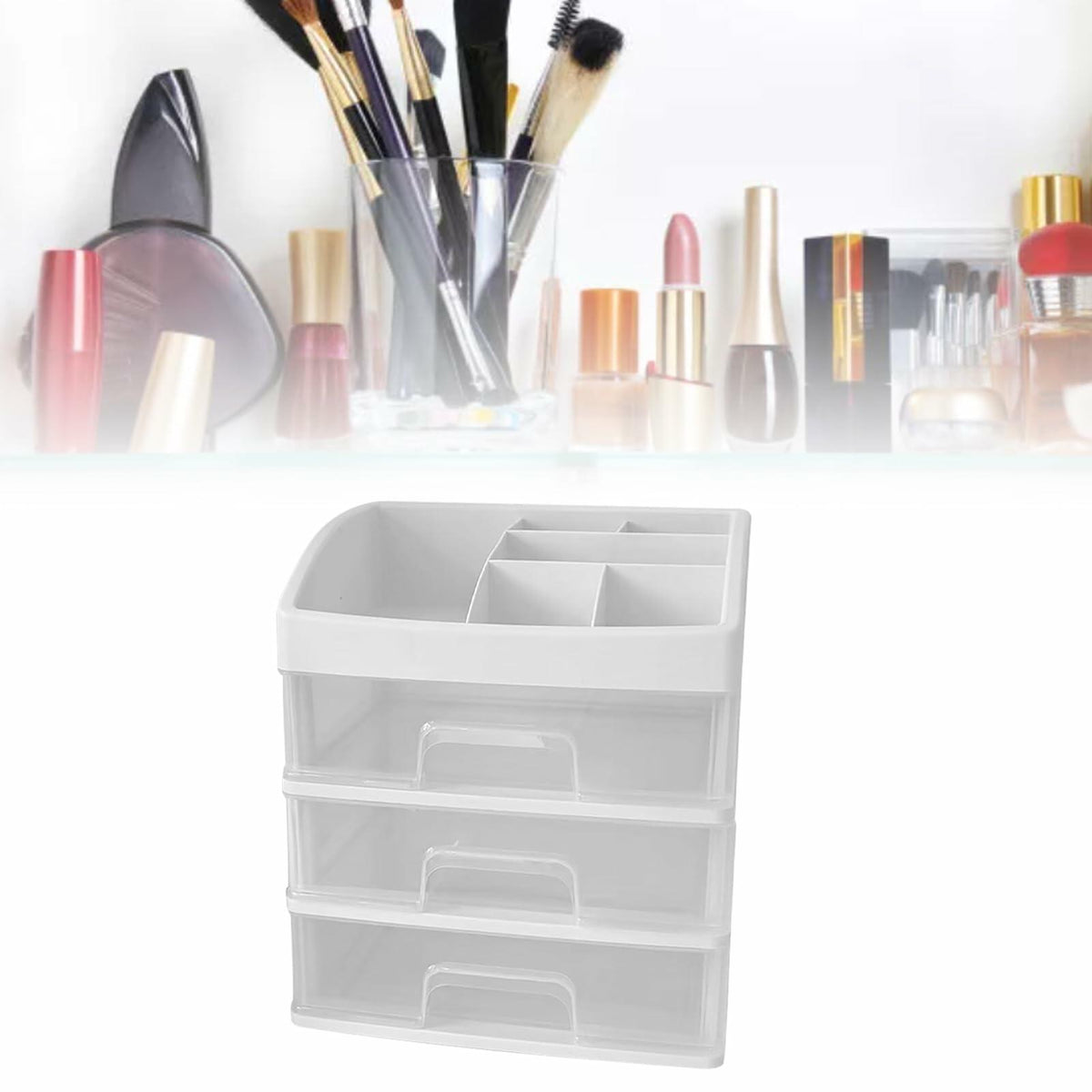 [Como nuevo] Organizador de escritorio transparente JDEFARF con 3 cajones, caja de maquillaje transparente