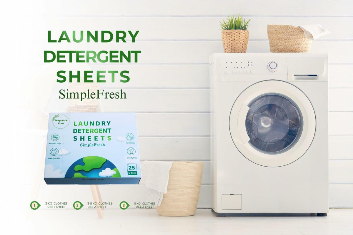 Hojas de detergente para ropa Simple Fresh, sin fragancia, 50 lavados, paquete de 25