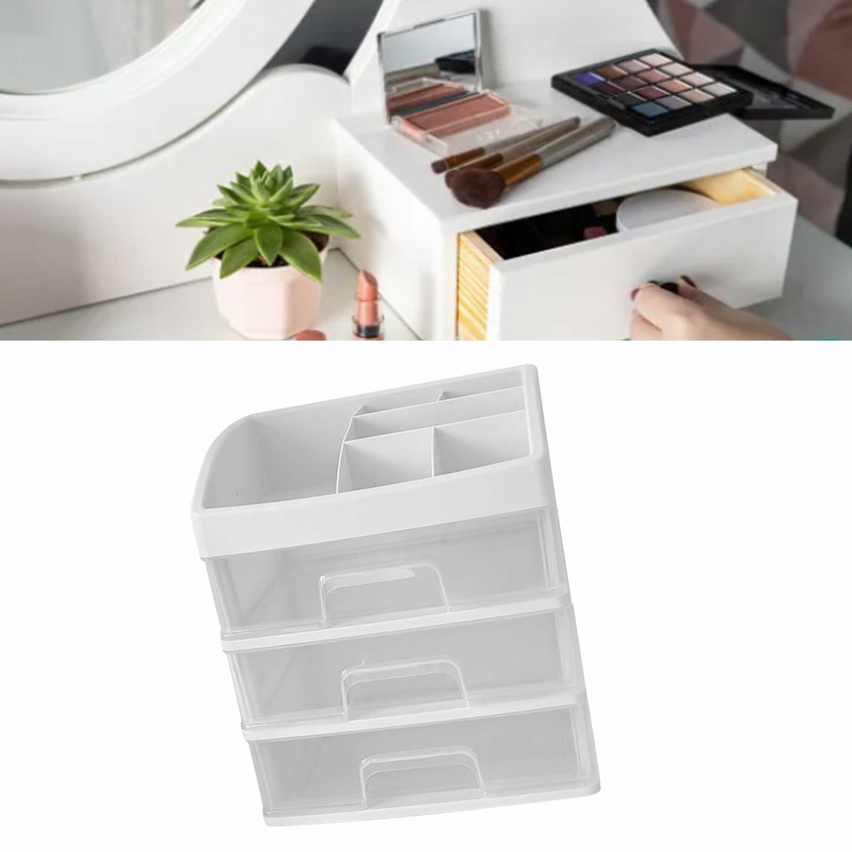 [Como nuevo] Organizador de escritorio transparente JDEFARF con 3 cajones, caja de maquillaje transparente