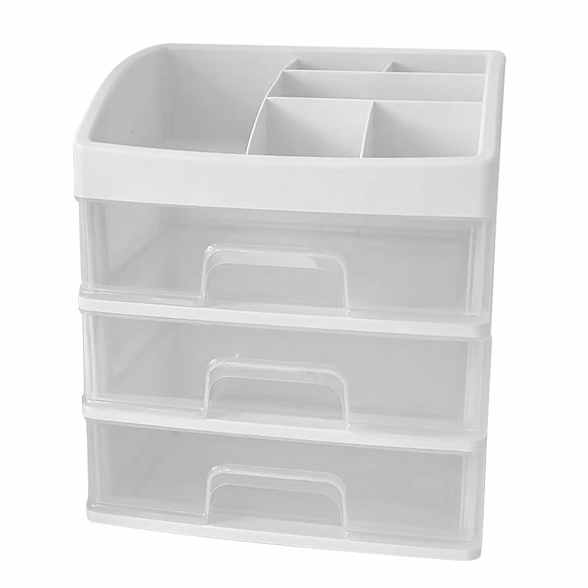 [Como nuevo] Organizador de escritorio transparente JDEFARF con 3 cajones, caja de maquillaje transparente