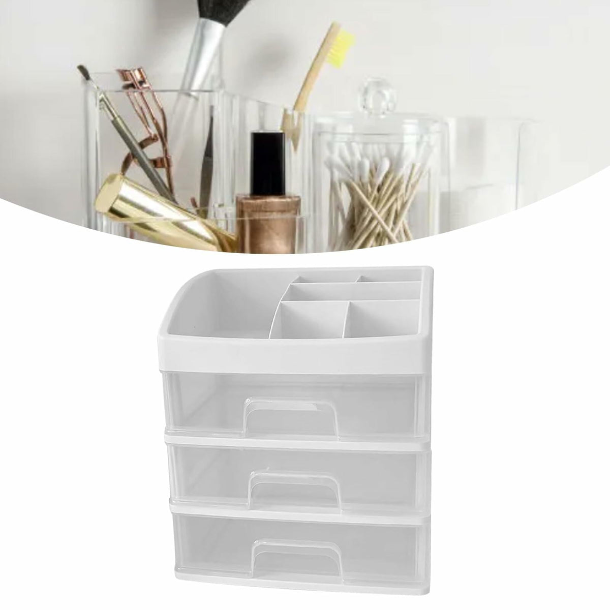 [Como nuevo] Organizador de escritorio transparente JDEFARF con 3 cajones, caja de maquillaje transparente