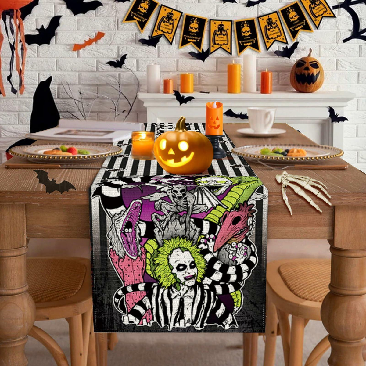 Camino de mesa de Halloween negro, decoración de fiesta estacional, 13x72 pulgadas