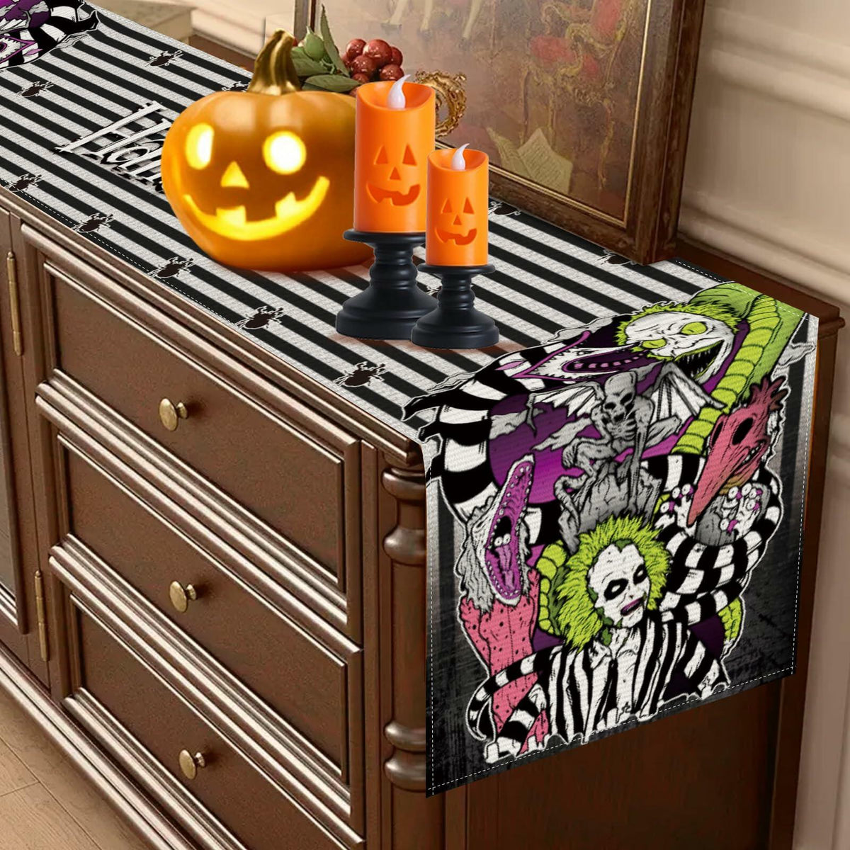 Camino de mesa de Halloween negro, decoración de fiesta estacional, 13x72 pulgadas