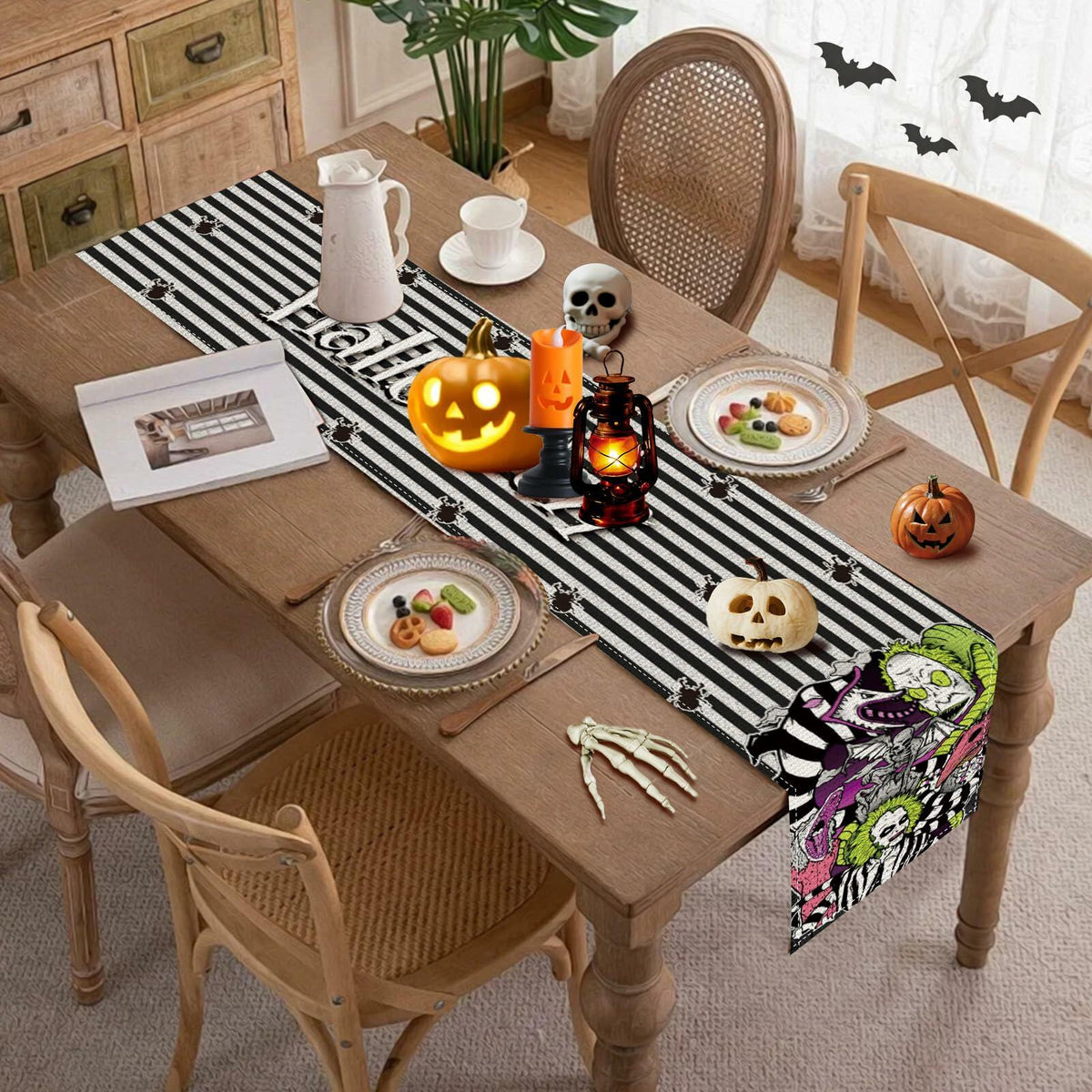 Camino de mesa de Halloween negro, decoración de fiesta estacional, 13x72 pulgadas