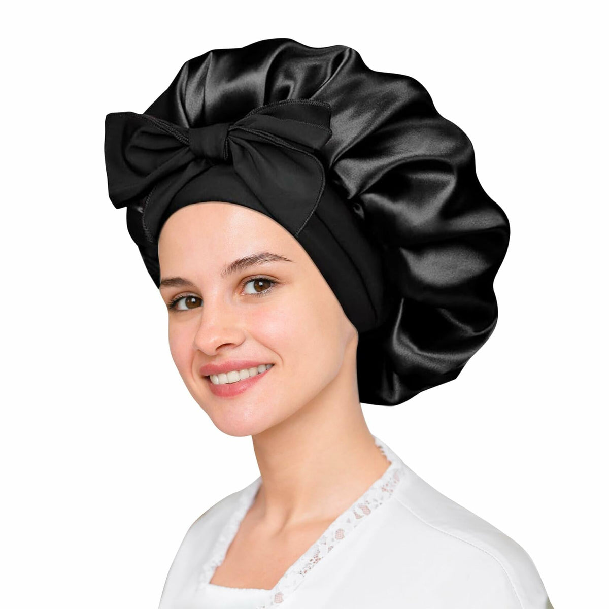 Gorro de satén negro para el cabello LuxeTress, doble capa, ajustable, negro