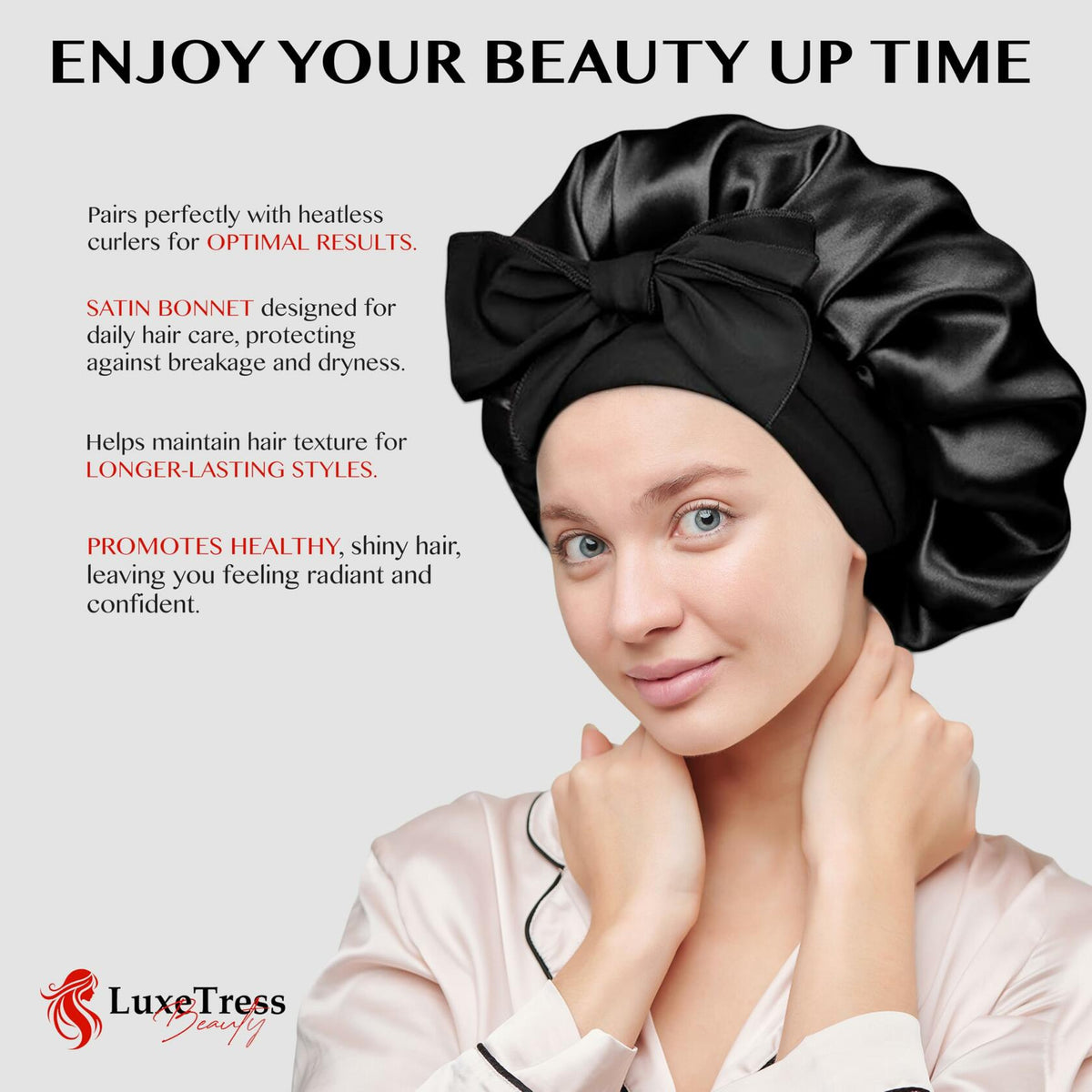 Gorro de satén negro para el cabello LuxeTress, doble capa, ajustable, negro