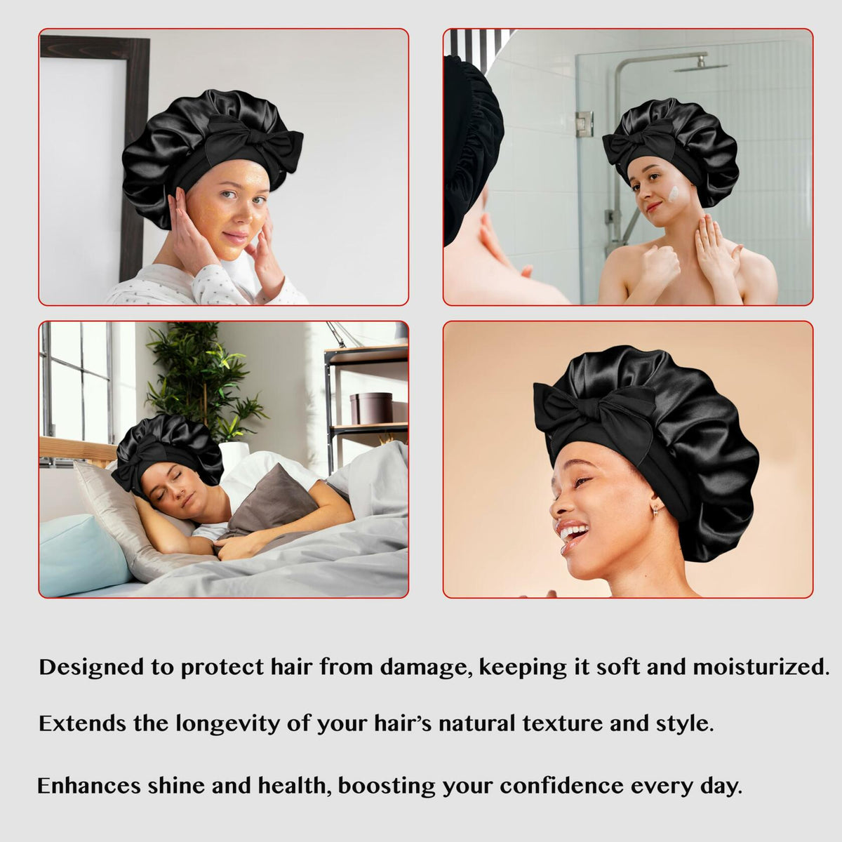 Gorro de satén negro para el cabello LuxeTress, doble capa, ajustable, negro