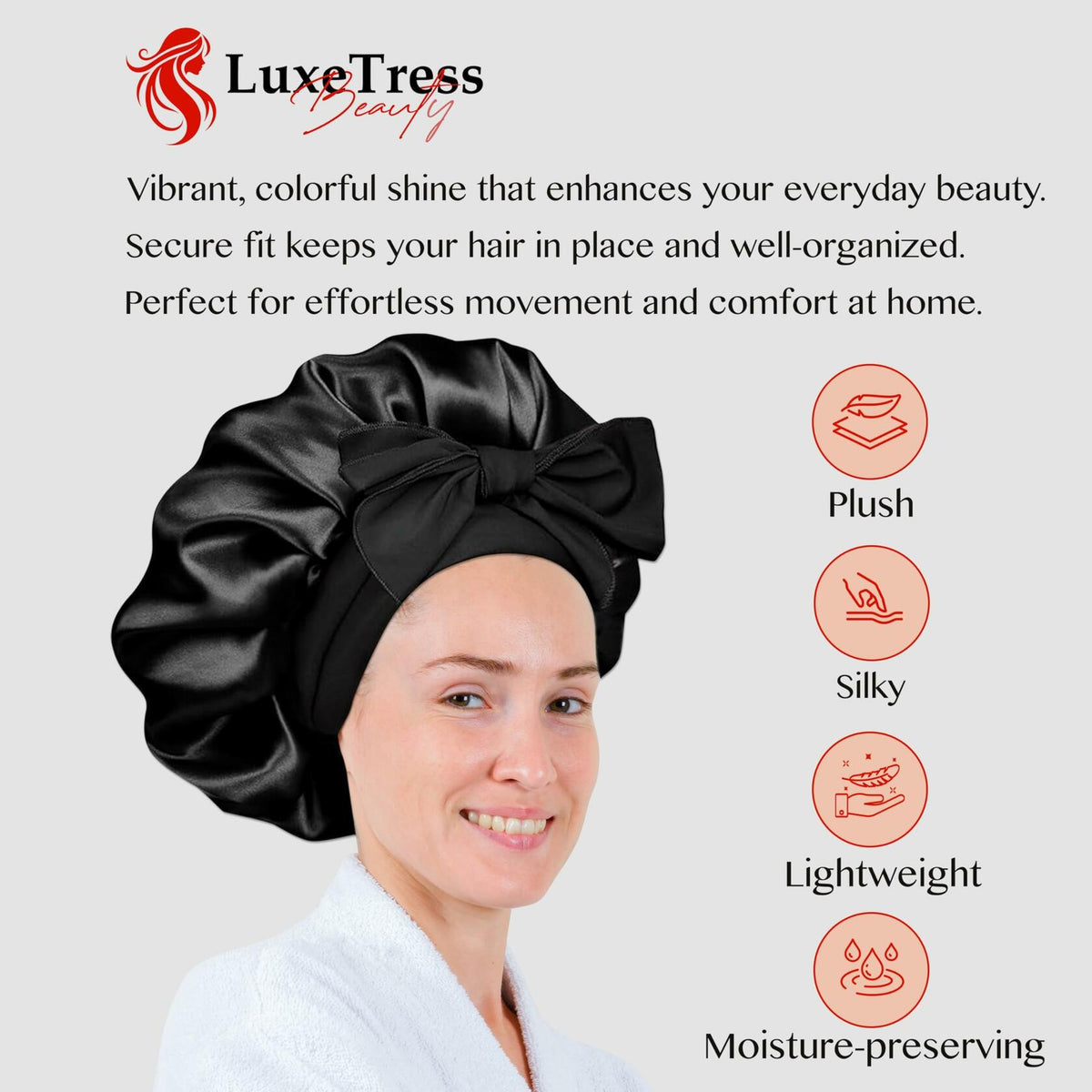 Gorro de satén negro para el cabello LuxeTress, doble capa, ajustable, negro