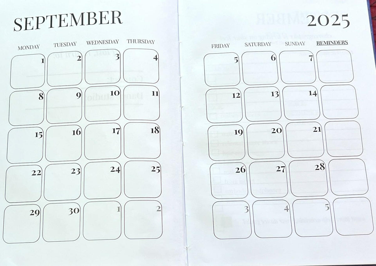 Planificador de temporada de danza 2025-2026, organizador mensual y semanal A5 Midnight Motion