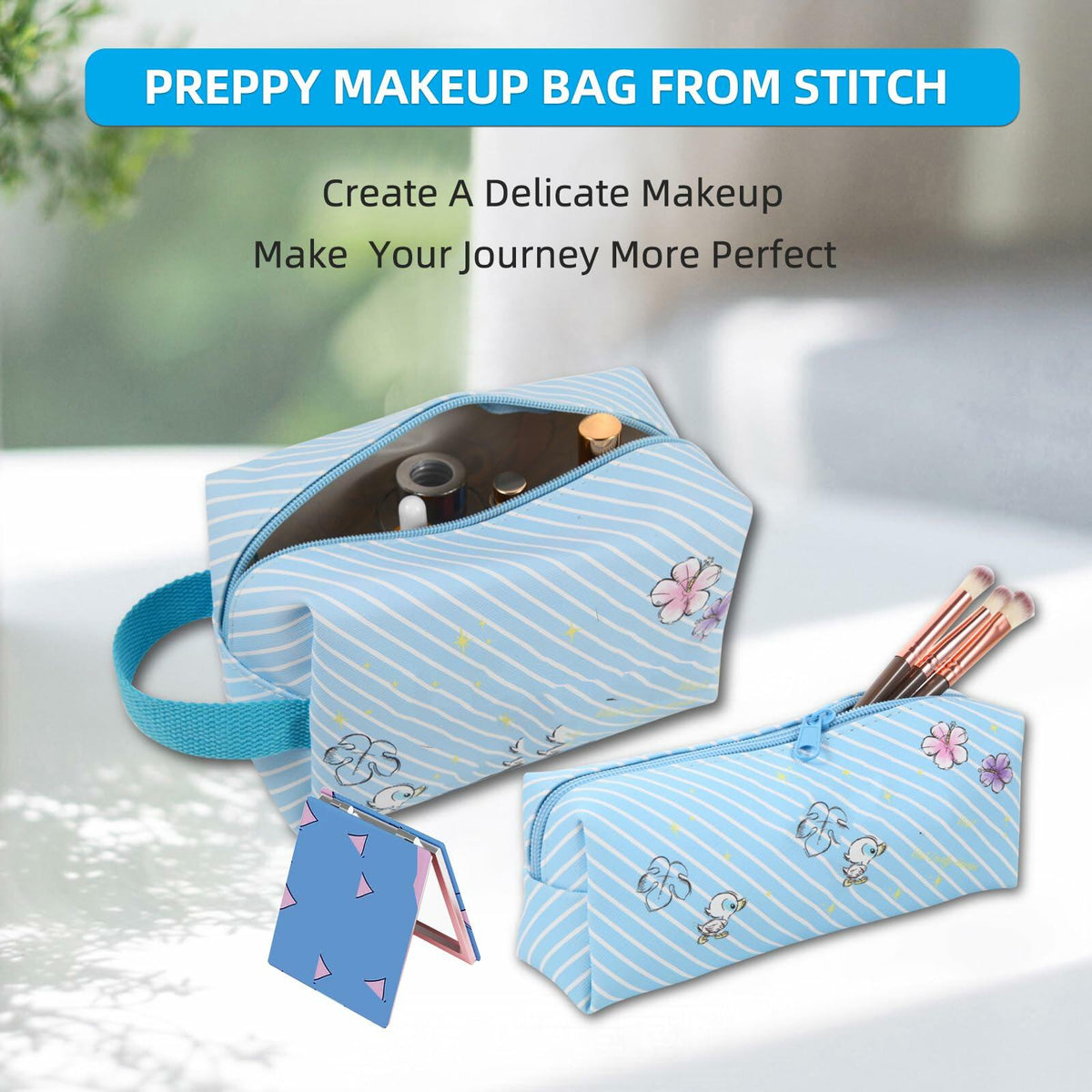 Neceser de viaje LOYEJEGL con espejo de doble cara y estuche para brochas, azul