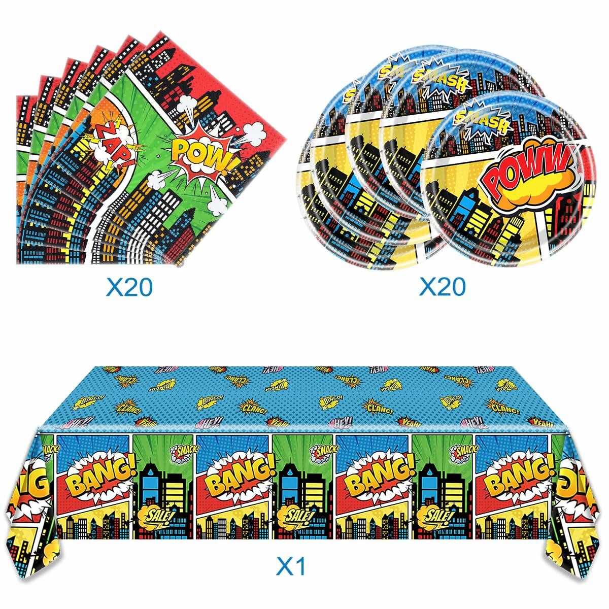 Vajilla de superhéroes azul para fiesta de cumpleaños, 41 piezas (platos, servilletas, mantel)