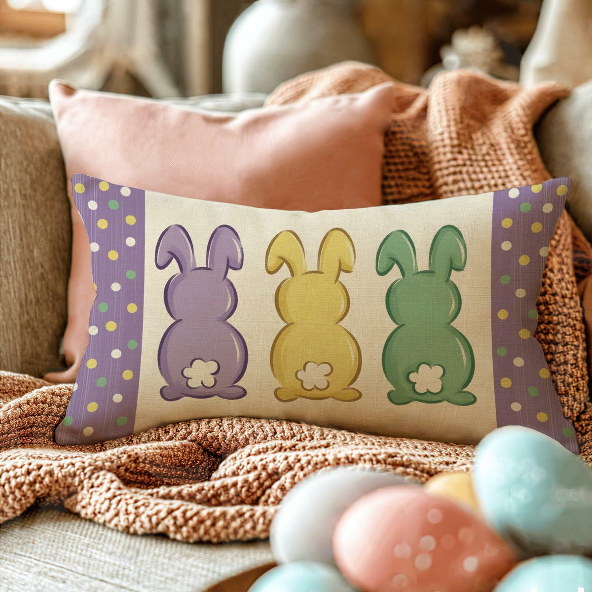 Funda de cojín lumbar de Pascua Fahrendom con diseño de conejito, 12x20, conejo morado, algodón y lino