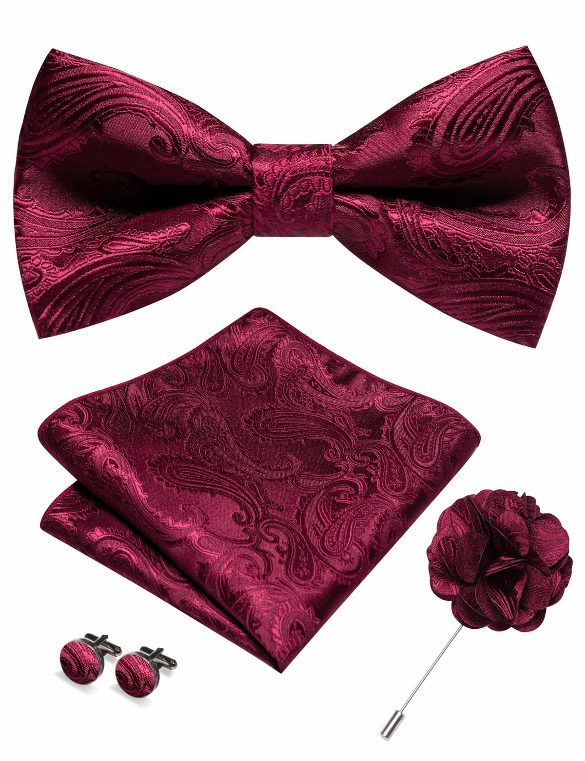 Conjunto de pajarita, pañuelo de bolsillo, pin de solapa y gemelos RBOCOTT con estampado de cachemira rojo para hombre
