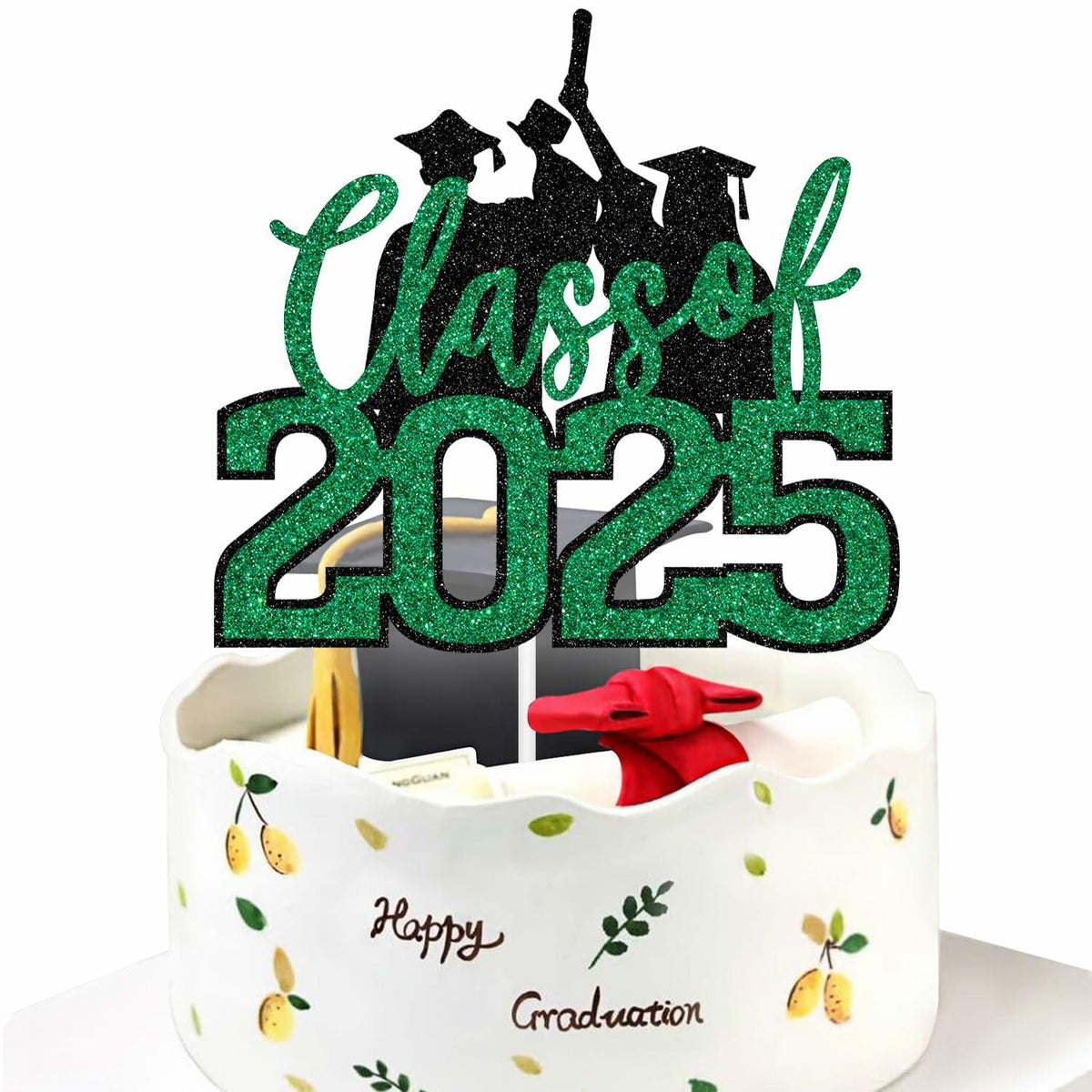 Topper para pastel de graduación Clase 2025 de RLXPT, decoración para fiesta, brillantina negra y verde