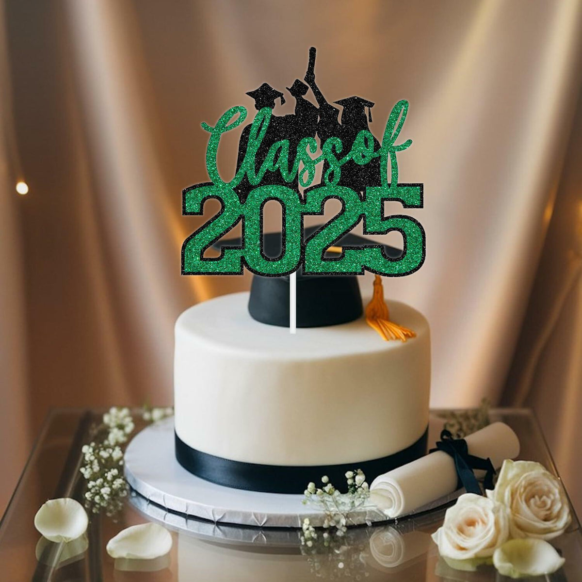 Topper para pastel de graduación Clase 2025 de RLXPT, decoración para fiesta, brillantina negra y verde