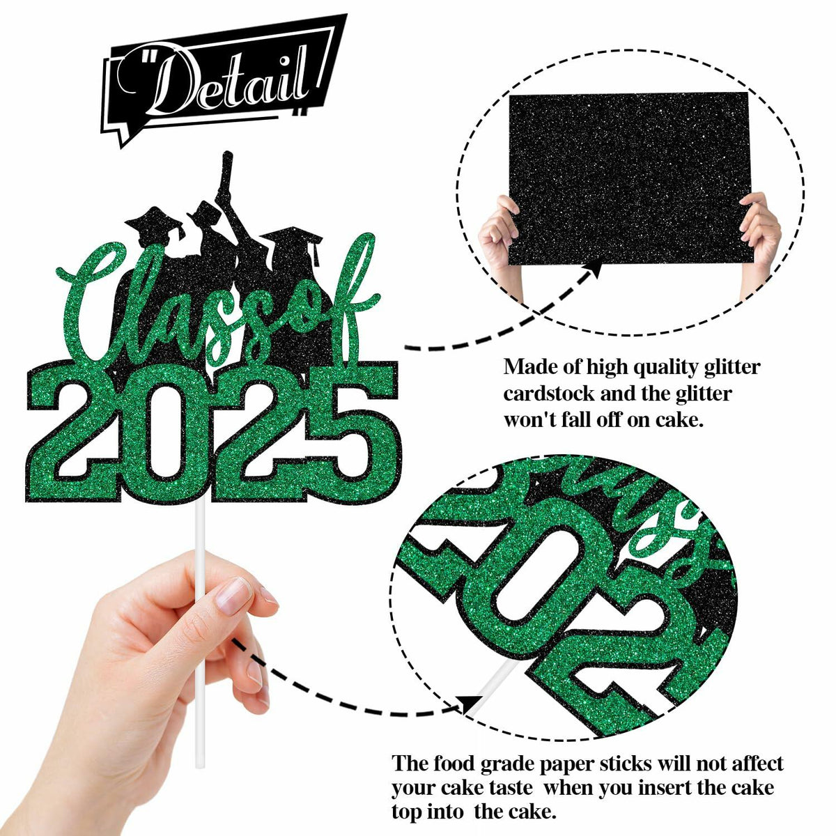 Topper para pastel de graduación Clase 2025 de RLXPT, decoración para fiesta, brillantina negra y verde