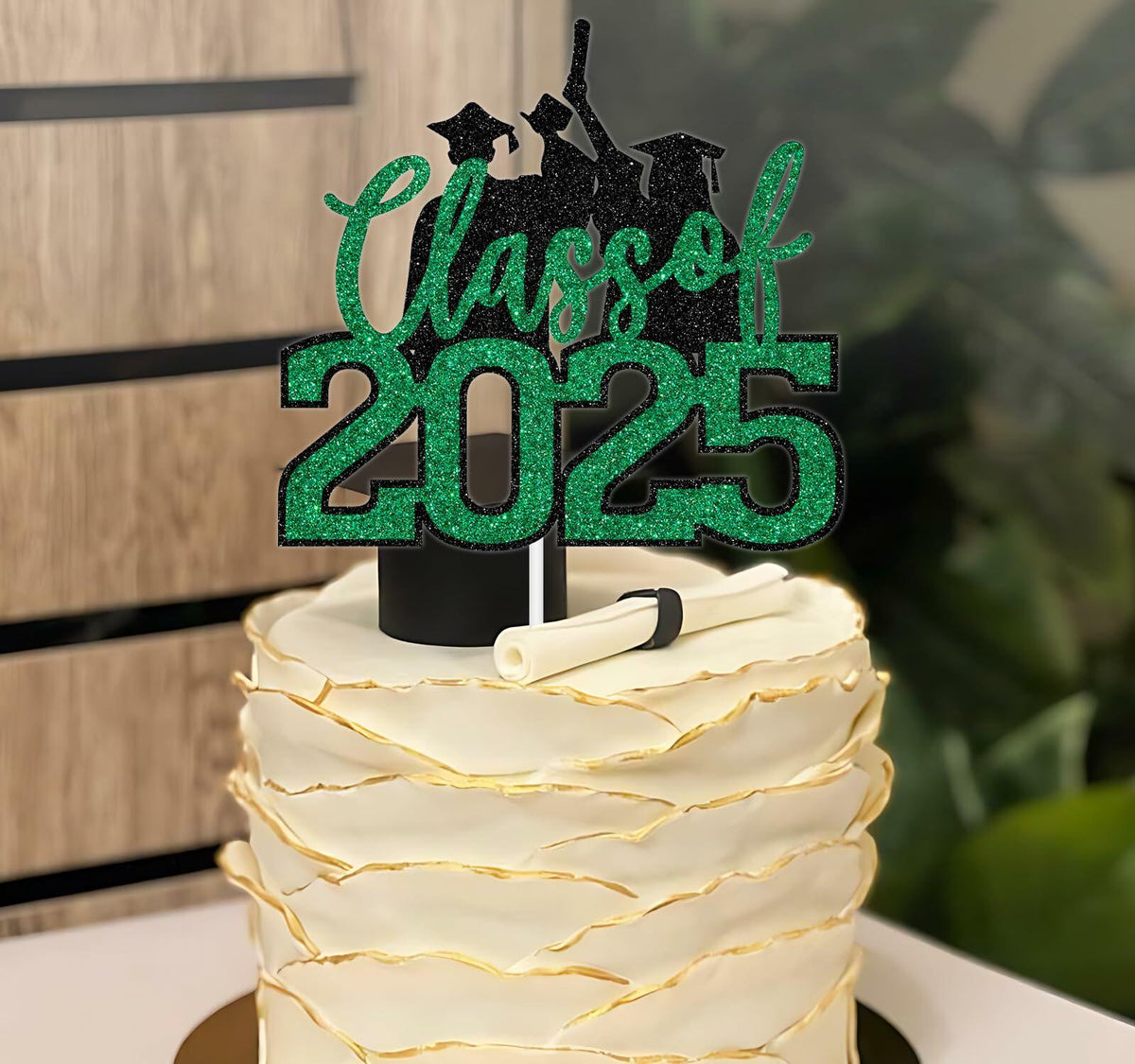 Topper para pastel de graduación Clase 2025 de RLXPT, decoración para fiesta, brillantina negra y verde