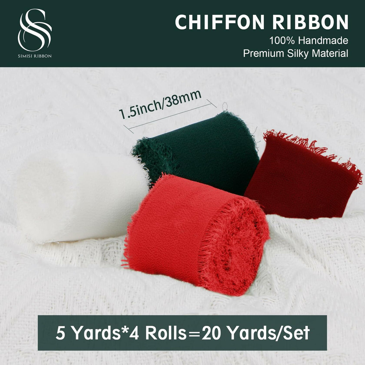 Cinta de seda de gasa para Navidad SIMISI RIBBON, 1.5'' x 5 yardas, 4 rollos, verde y rojo