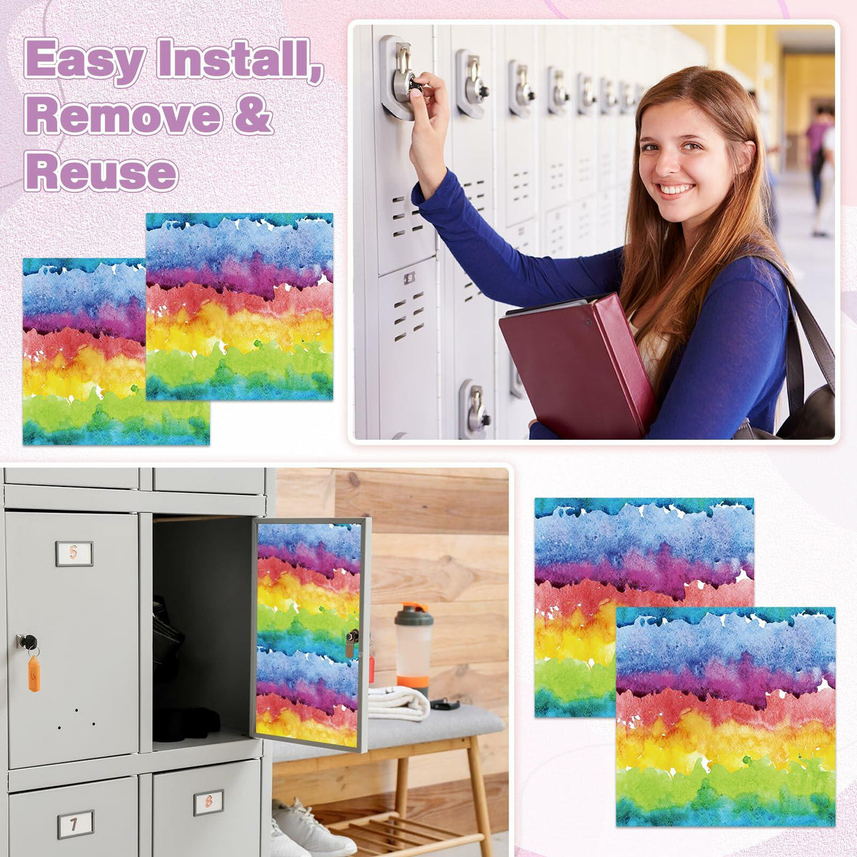 Papel tapiz magnético para casillero Nuanchu, 12x12 pulgadas, 6 piezas, colorido, impermeable y recortable