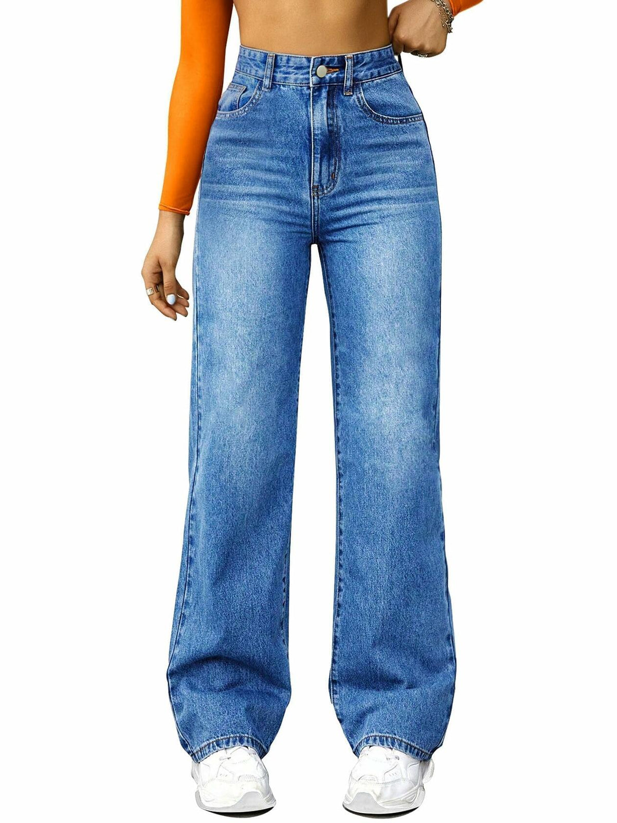 Pantalones vaqueros elásticos de pierna ancha y talle alto para mujer FUNUCA, color azul, talla 8