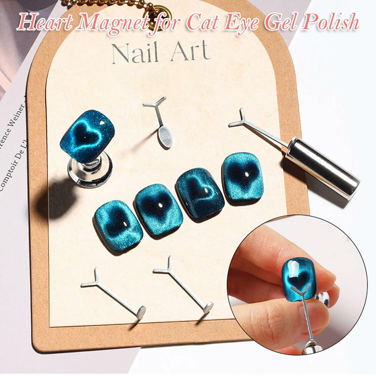 KooluWin, paquete de 5 imanes para esmalte de gel ojo de gato con forma de corazón, color negro, con guía en forma de Y