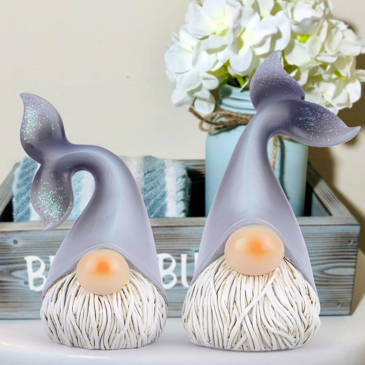 Juego de 2 figuras de resina de gnomos del océano de verano Hodao, sirena, gris, escandinavo