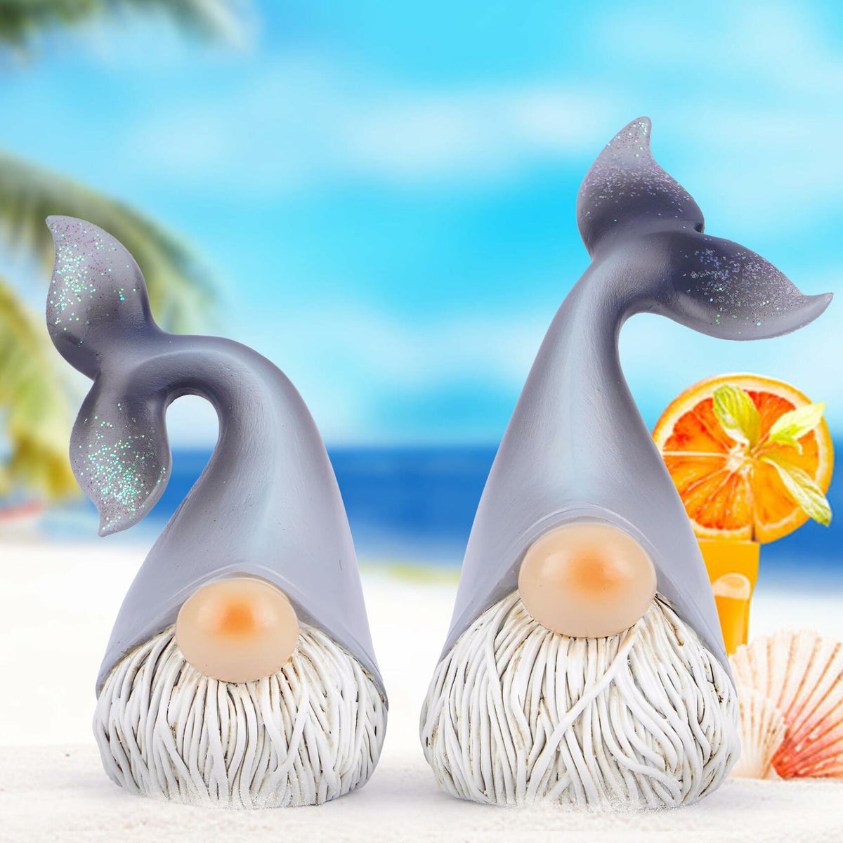 Juego de 2 figuras de resina de gnomos del océano de verano Hodao, sirena, gris, escandinavo
