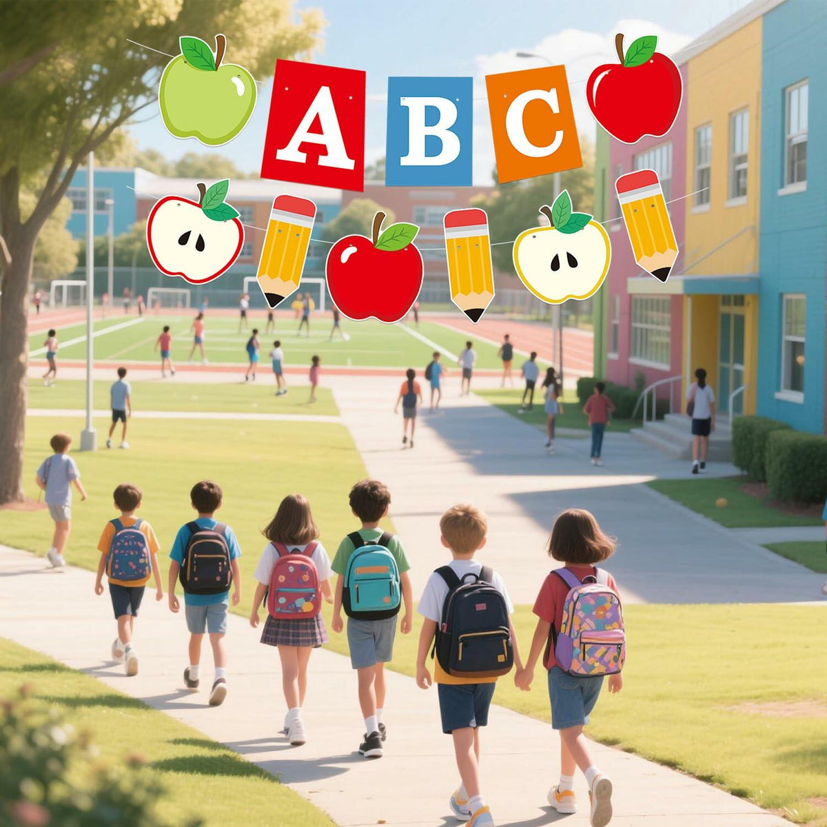 HYELNHUA ABC Banderín de fiesta con alfabeto de manzana, decoración de regreso a clases en rojo y rosa