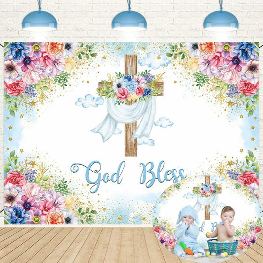 God Bless Backdrop Boy Blue Floral Baptism Party Decoration 7x5FT