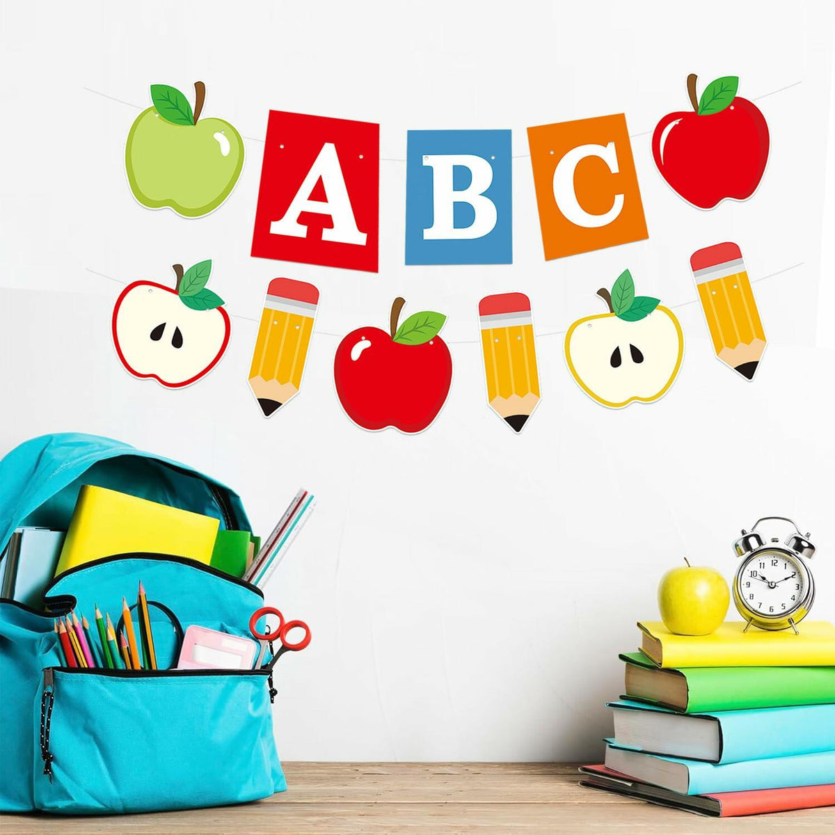 HYELNHUA ABC Banderín de fiesta con alfabeto de manzana, decoración de regreso a clases en rojo y rosa